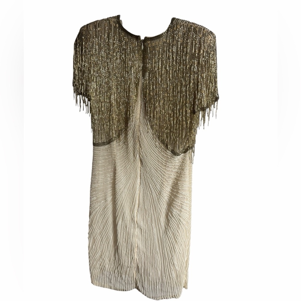 Vintage 100% Silk Beaded Gold Silver Fringe Cocktail Flapper Dress Short Sleeved - Picture 5 of 10